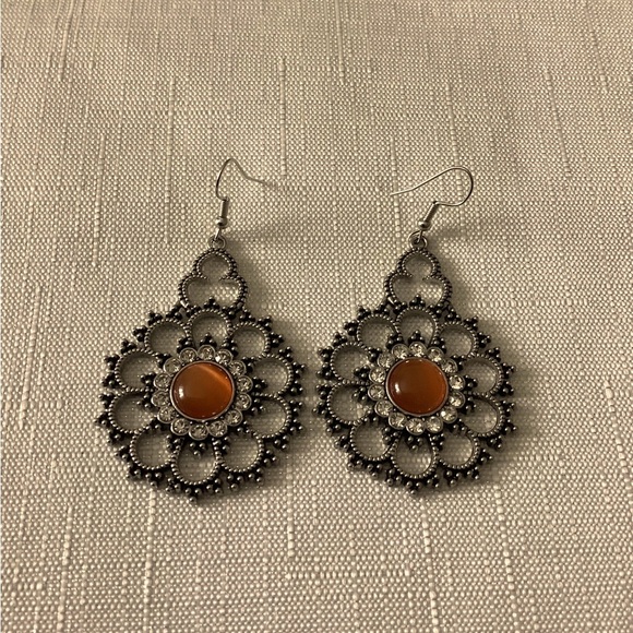 Amber Color Round SilverTone Earrings - Picture 1 of 2